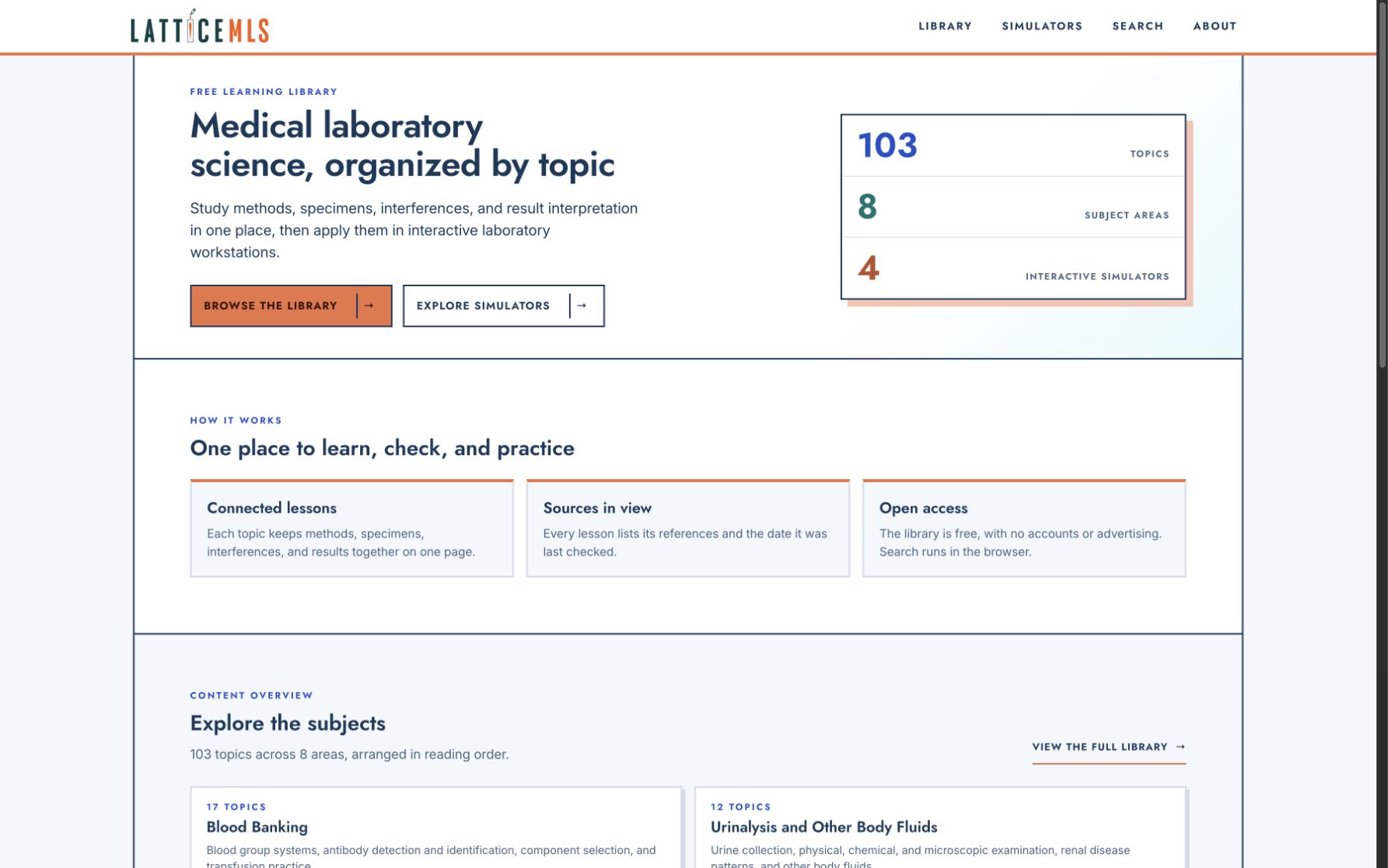 Current LatticeMLS home page showing 103 topics, 8 subject areas, and 4 simulators