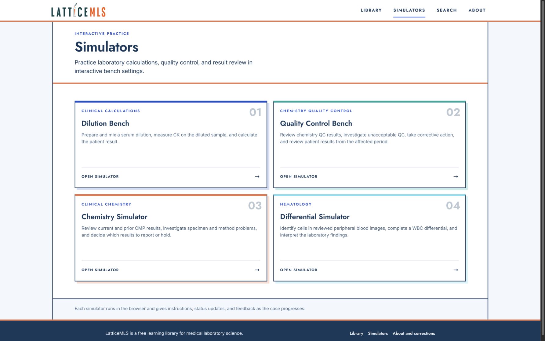 Current LatticeMLS simulator catalog with dilution, quality control, chemistry, and differential practice