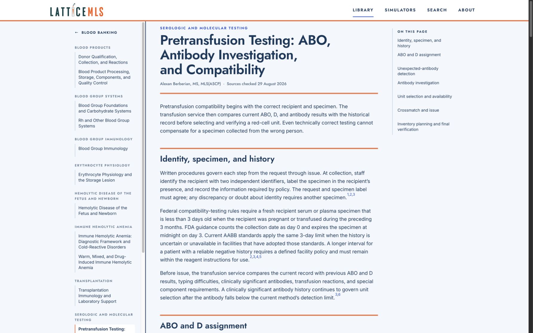 Current LatticeMLS pretransfusion testing topic with review date, citations, and page navigation