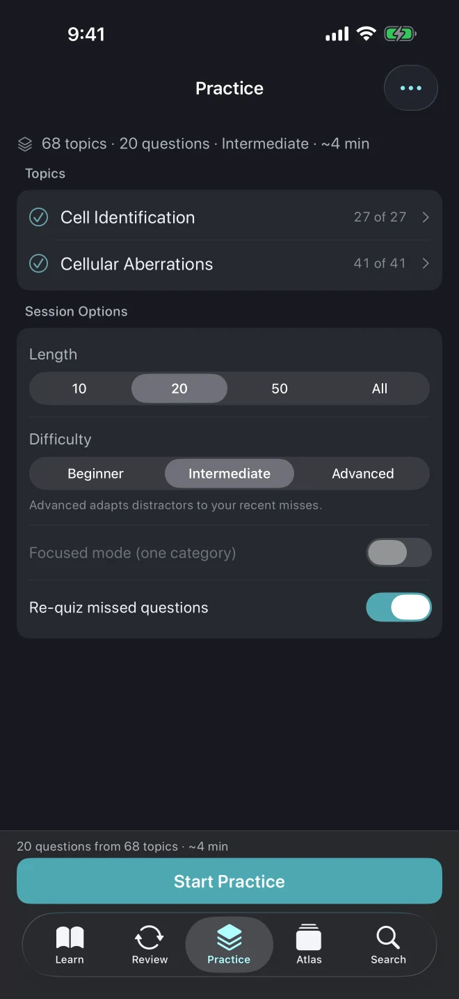 ViviCell Practice screen with blood-cell categories